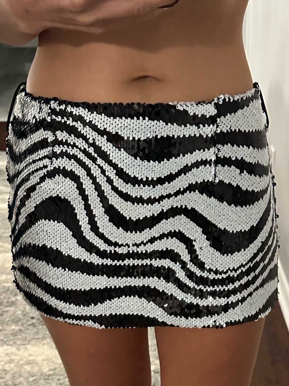 Sequin Zebra-Stripe Mini Skirt - Black & White